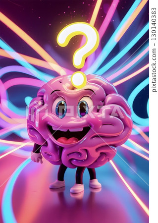 A whimsical, animated character with a large, exposed brain and wide eyes stands in the foreground. 130140383