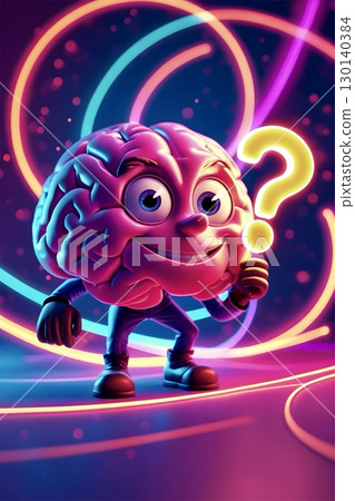 A whimsical, animated character with a large, exposed brain and wide eyes stands in the foreground. 130140384