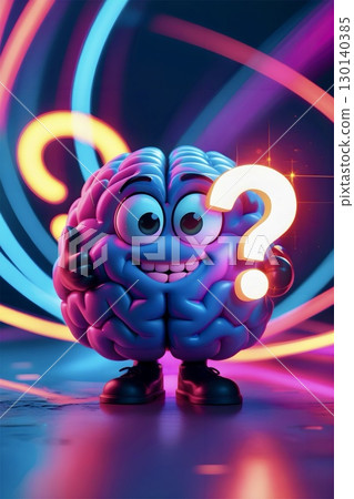 A whimsical, animated character with a large, exposed brain and wide eyes stands in the foreground. 130140385