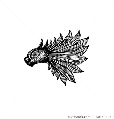 Detailed Ink Drawing of Fantasy Creature Head with Elaborate Feathered Mane 130140407