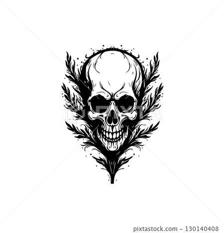 Skull and Foliage: A Striking Black and White Illustration with Gothic Appeal Skull and Foliage: A Striking Black and White Illustration with Gothic Appeal 130140408
