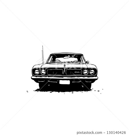 Detailed illustration of a classic muscle car, emphasizing its iconic design and styling 130140426
