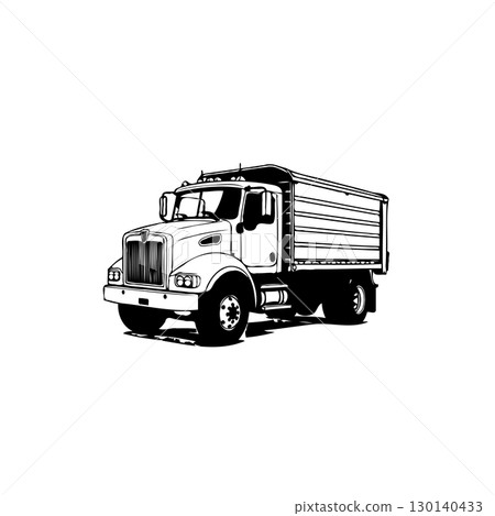 Monochrome Illustration: Powerful Dump Truck Ready for Heavy Lifting and Transport Monochrome Illustration: Powerful Dump Truck Ready for Heavy Lifting and Transport 130140433