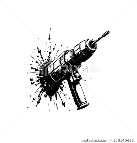 Monochrome vector illustration of a drill with splash, industrial tool concept Monochrome vector illustration of a drill with splash, industrial tool concept 130140436