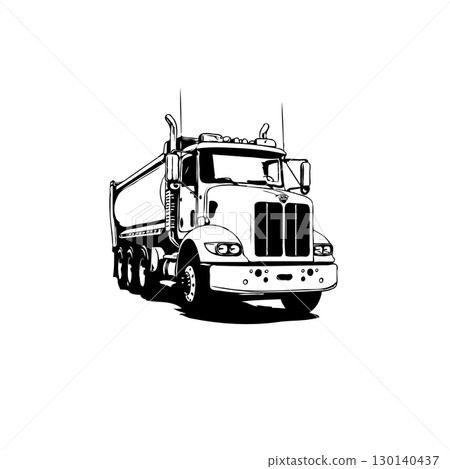 Monochrome Illustration of a Heavy-Duty Dump Truck Against a Plain Background 130140437
