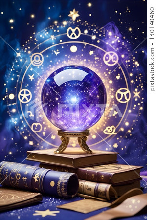 A crystal ball adorned with stars and galaxies rests on a stack of ornate books.  130140460