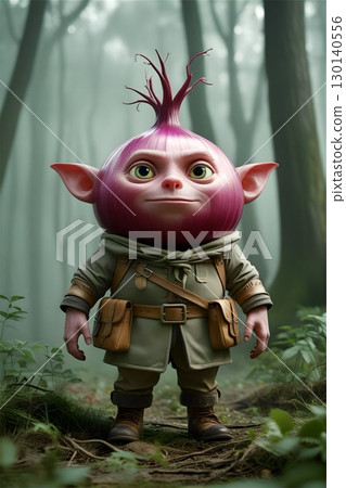 An animated character with an onion-like head stands in a misty forest.  130140556