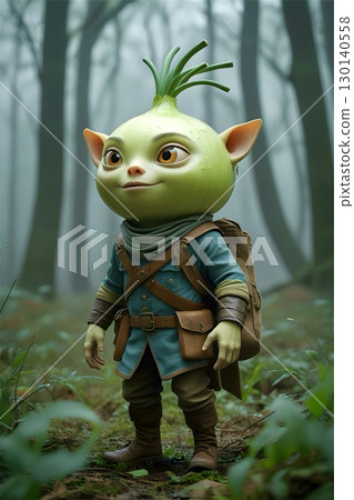 An animated character with an onion-like head stands in a misty forest.  130140558
