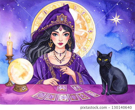 Illustration of a mystical fortune teller with tarot cards, crystal ball and black cat 130140640