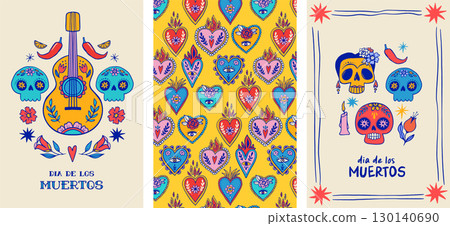 Dia de los muertos, Day of the dead, Mexican holiday, festival. Vertical cards, posters, banners in Dia de los muertos, Day of the dead, Mexican holiday, festival. Vertical cards, posters, banners in 130140690