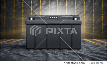 Battery displayed in a darkened environment showcasing its led indicators  130140780