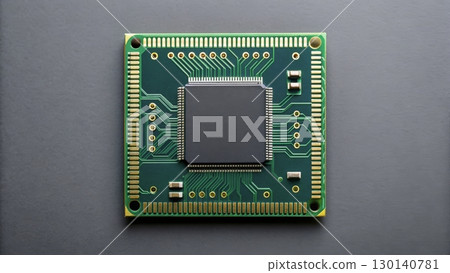 Detailed view of a computer microchip on a green circuit board highlighting its intricate design  130140781