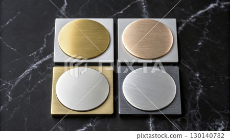 Decorative coasters in various metallic finishes arranged on a marble surface for home decor Decorative coasters in various metallic finishes arranged on a marble surface for home decor 130140782