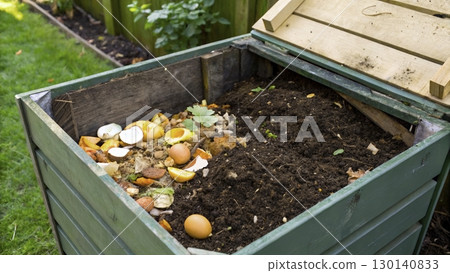 Composting in a backyard with organic waste and soil enrichment materials 130140833