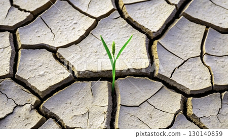 Resilient green sprout emerging from dry cracked soil in a barren landscape during bright daylight Resilient green sprout emerging from dry cracked soil in a barren landscape during bright daylight 130140859
