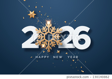 2026 New Year greeting card with a gold snowflake, stars, and confetti on a navy background 2026 New Year greeting card with a gold snowflake, stars, and confetti on a navy background 130140862
