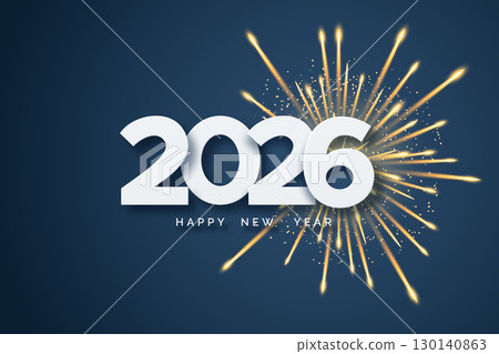 White numbers 2026 with fireworks on navy background. Happy New Year greeting card White numbers 2026 with fireworks on navy background. Happy New Year greeting card 130140863