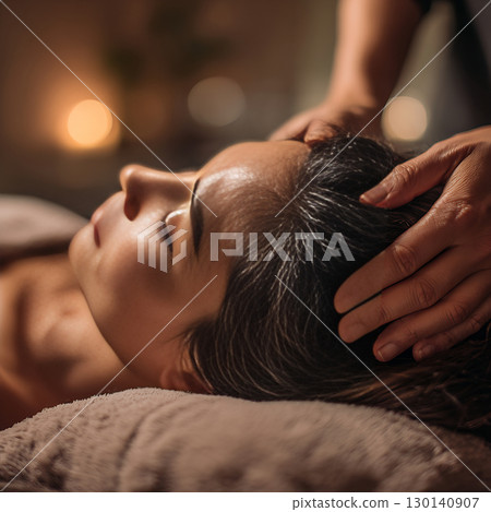 Relaxed woman receiving a head massage at a spa 130140907