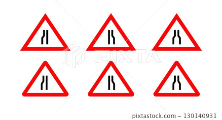 Collection of Warning Road Signs Indicating Narrowed Lanes. 130140931