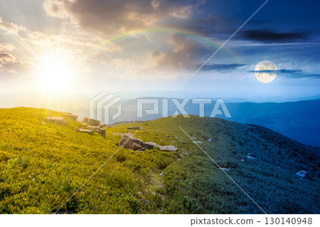 mountain landscape on mid summer. day and night time change concept. green hill and blue sky. scenic nature background for travel in alpine scenery. peaceful view with sun and moon at twilight mountain landscape on mid summer. day and night time change concept. green hill and blue sky. scenic nature background for travel in alpine scenery. peaceful view with sun and moon at twilight 130140948