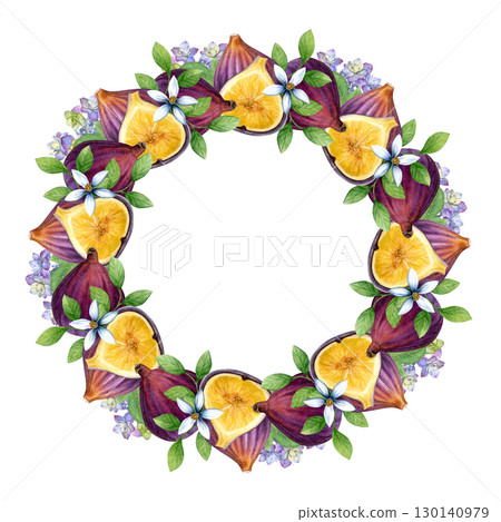 Wreath of figs, hydrangeas, lemon leaves and flowers. Watercolor of fruits, flowers and leaves isolated on a white background. Good for postcards, recipes, menu, invitations, greeting cards 130140979