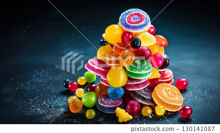 Top view on delicious multicolored candies on black rustic background. Generative AI 130141087