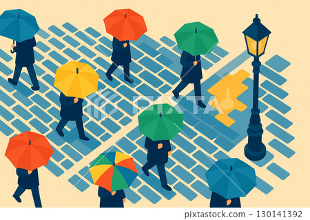 色彩繽紛的遮陽傘和秋雨中的小鎮 130141392