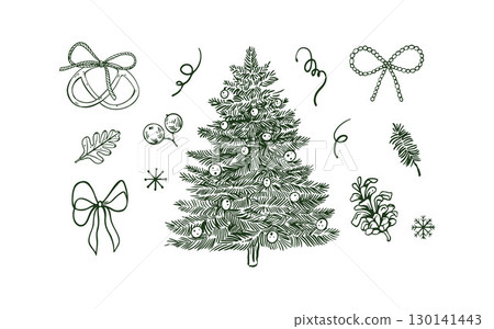 Set of winter and Christmas elements. Christmas outline illustration. Christmas tree, cones, berries, twigs, sweets, bows, snowflakes. Vintage monochrome illustration. Vector retro set 130141443