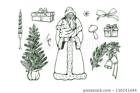 Set of winter and Christmas elements. Christmas outline illustration. Christmas tree, Santa Claus, bows, gifts, candles, bells. Vintage monochrome illustration. Vector retro set 130141444