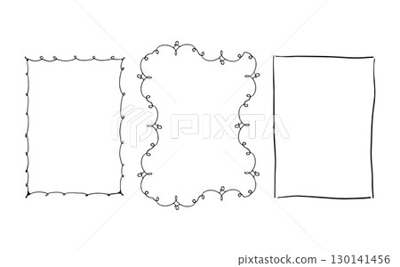 Set of elegant fancy outline black hand drawn frames with wavy swirls in trendy vintage style. Perfect for gift wrapping on holidays, Christmas, weddings or birthdays. Vector monochrome illustration. Set of elegant fancy outline black hand drawn frames with wavy swirls in trendy vintage style. Perfect for gift wrapping on holidays, Christmas, weddings or birthdays. Vector monochrome illustration. 130141456
