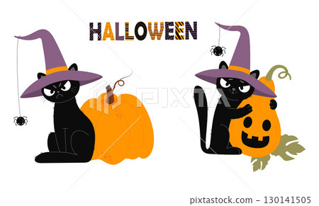 Cute Emotional Black Cat Halloween In Witch Hat With spider and Pumpkin lantern Jack Set. Isolated Cartoon Autumn holiday Funny Pet character. Vector illustration in flat style. Not AI 130141505