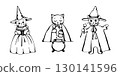 Cute Magic wizard cats with book, magic wand, hats and cauldron. Hand drawn doodle set  130141596