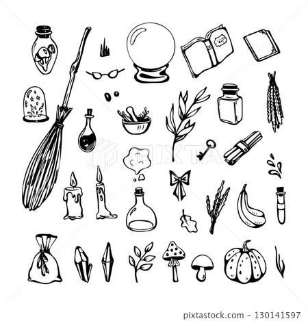 Magic hand drawn doodle icons, vector elements set 130141597