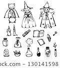 Cute Magic wizard cats with book, magic wand, hats and cauldron. Hand drawn doodle set  130141598
