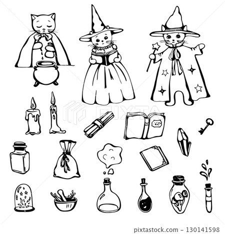 Cute Magic wizard cats with book, magic wand, hats and cauldron. Hand drawn doodle set Cute Magic wizard cats with book, magic wand, hats and cauldron. Hand drawn doodle set 130141598