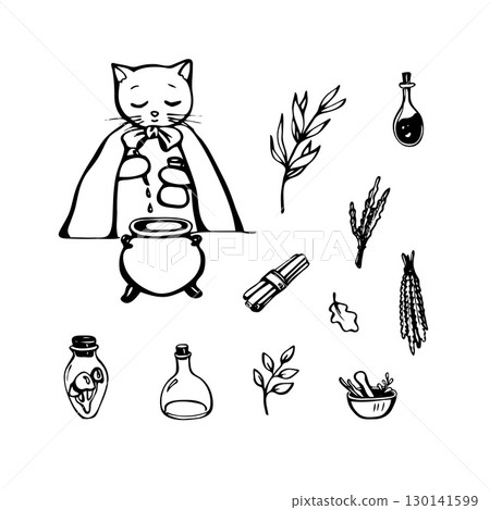 Potion cat in hand drawn doodle style, witch magic icons set Potion cat in hand drawn doodle style, witch magic icons set 130141599