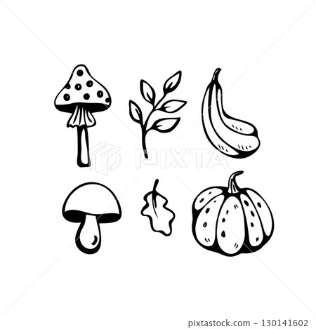 Autumn doodle elements, hand drawn pumpkin and mushroom. Vector illustration Autumn doodle elements, hand drawn pumpkin and mushroom. Vector illustration 130141602