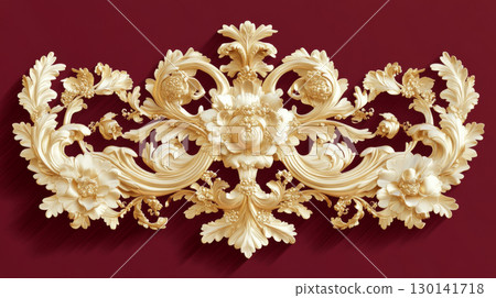 Gold rococo style stucco ornament with floral details on maroon background 130141718