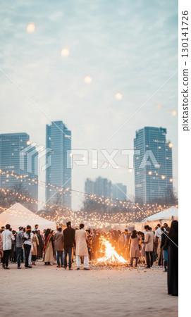 Holika Dahan celebration in modern city setting with people gathered around fire 130141726
