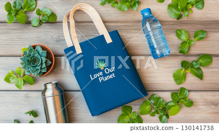 Eco-friendly flat lay with reusable bag, plants, and water bottle, background Eco-friendly flat lay with reusable bag, plants, and water bottle, background 130141738
