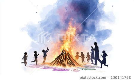 Holika Dahan festival illustration with people gathered around bonfire Holika Dahan festival illustration with people gathered around bonfire 130141758