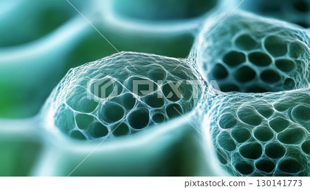 Close-up of green and blue plant cells with brown outlines, concept of nature 130141773
