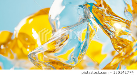 Close-up of blue water on yellow background with air bubbles 130141774