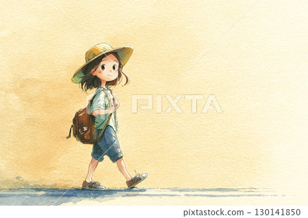 美優系列：夏日陽光下戴帽子的女孩繪本風格 130141850