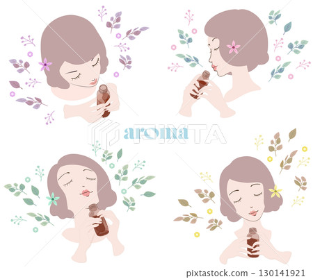 A woman holding a bottle of essential oil and smelling it, essential oil, aroma, fragrance_04 A woman holding a bottle of essential oil and smelling it, essential oil, aroma, fragrance_04 130141921