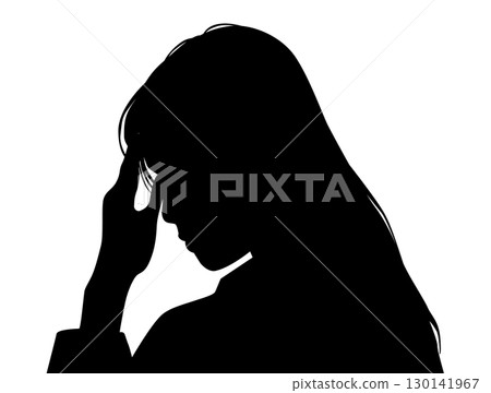 Left-facing profile silhouette of a worried woman with her hand on her forehead 130141967