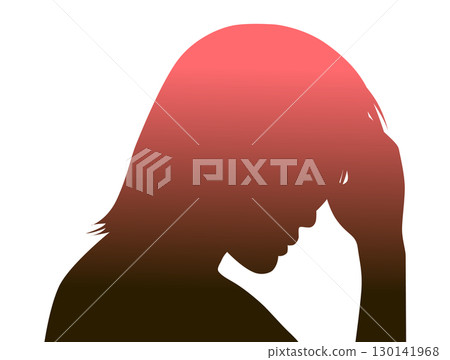 一位憂心忡忡的男士右側側面輪廓，手放在額頭上，紅色漸變 130141968