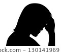 Right-facing profile silhouette of a worried man with his hand on his forehead 130141969