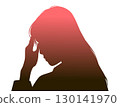 Left-facing profile silhouette of a worried woman with her hand on her forehead_red gradation 130141970
