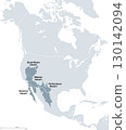 North American Desert, known as Big Four, political map. Major deserts of North America, located in the Western USA and Northern Mexico, formed by Great Basin, Mojave, Sonoran, and Chihuahuan desert. 130142094